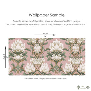 Deco Floral Majesty wallpaper sample with white flowers and green foliage on a pink background, showcasing a timeless Art Deco design.