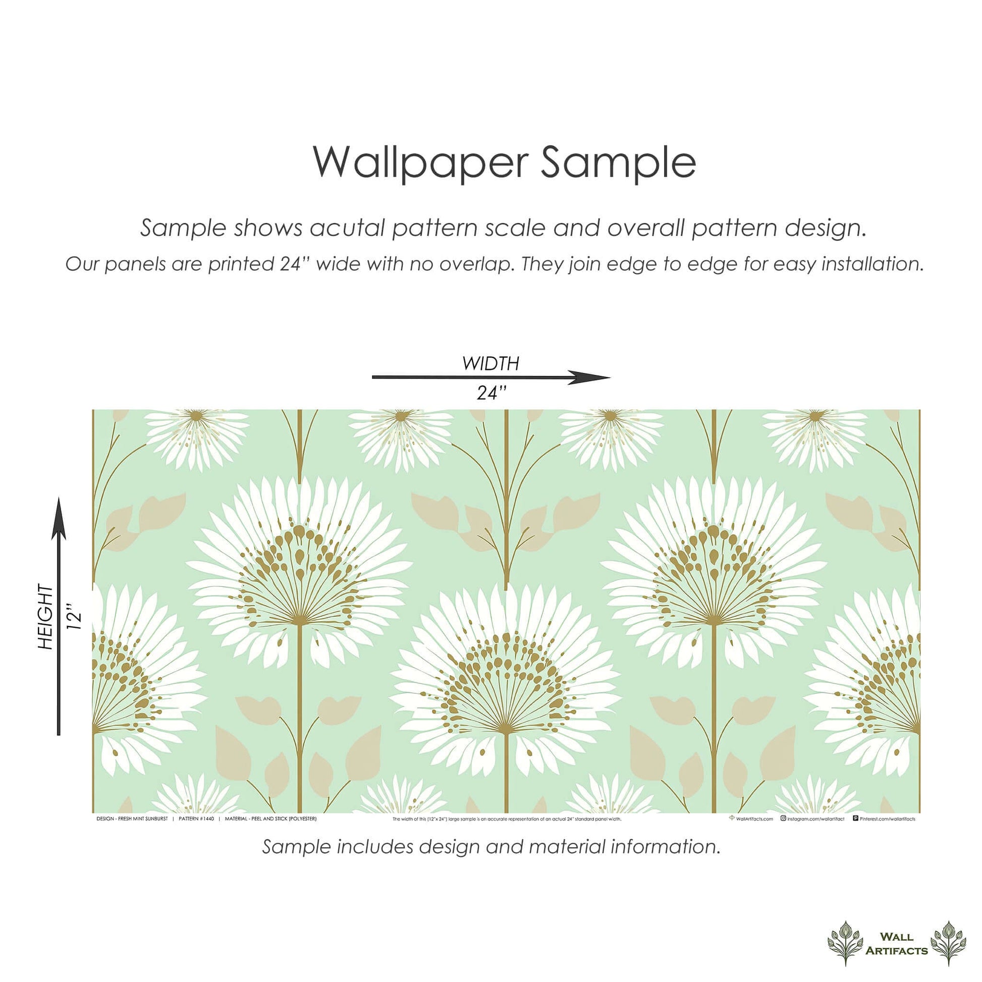 Wallpaper sample featuring mint green background with white floral starburst design, showing pattern scale and panel dimensions.