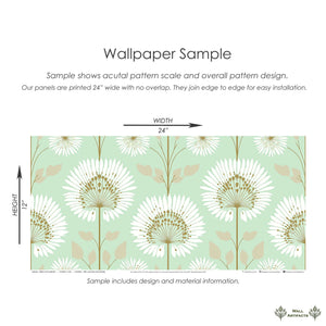 Wallpaper sample featuring mint green background with white floral starburst design, showing pattern scale and panel dimensions.