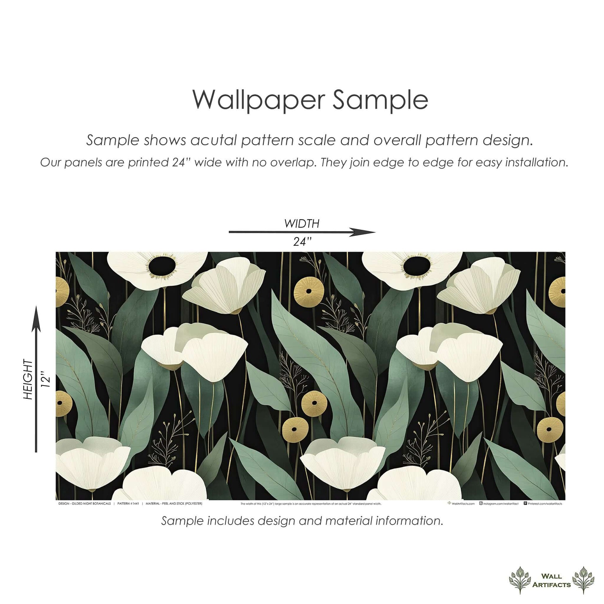 Gilded Night Botanicals wallpaper sample with white florals and sage-green leaves on a bold black background, accented with gold details.