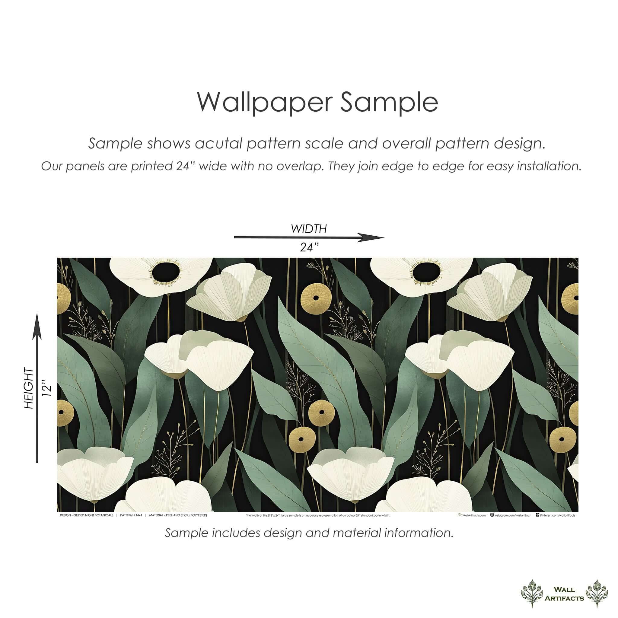 Gilded Night Botanicals wallpaper sample with white florals and sage-green leaves on a bold black background, accented with gold details.