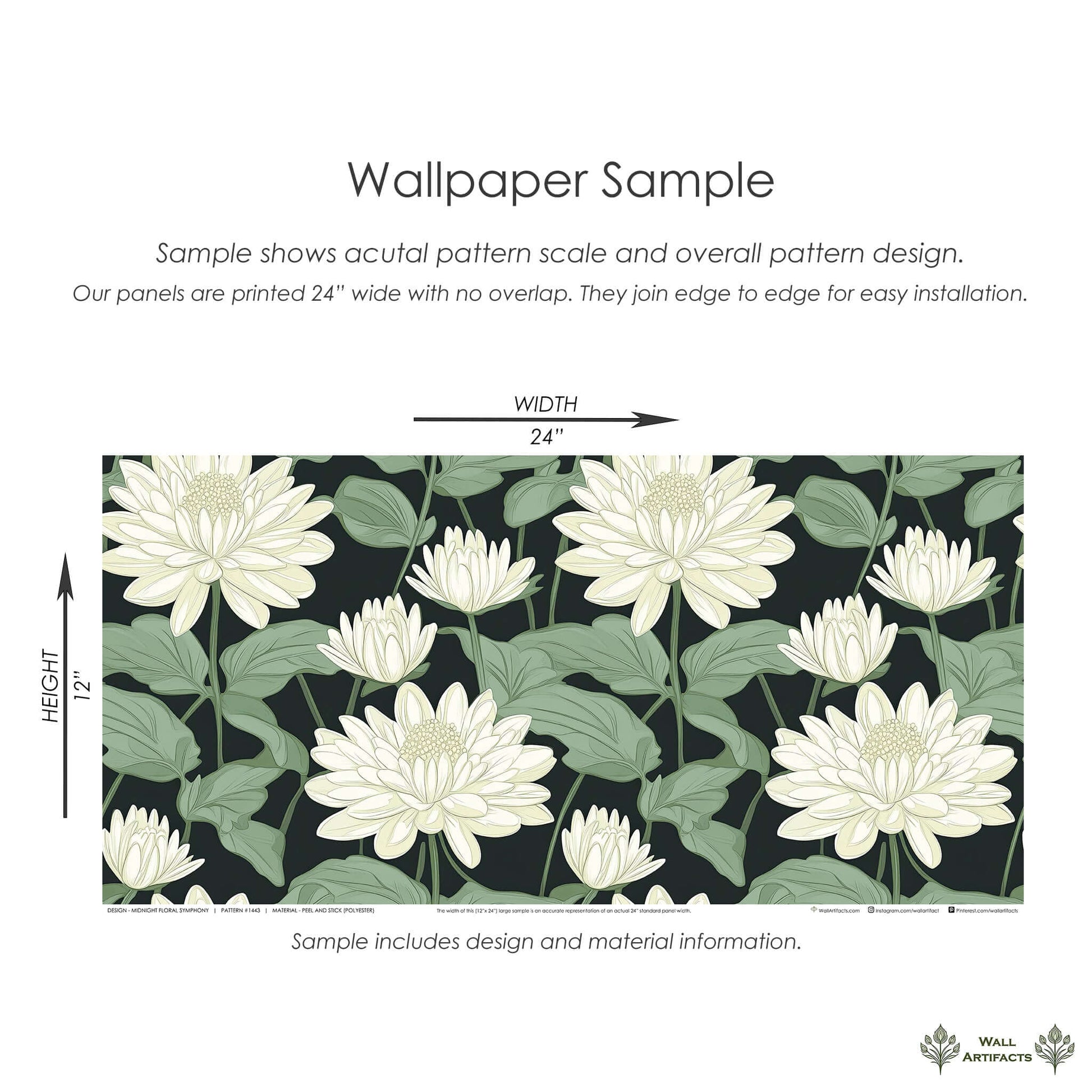 Midnight Floral Symphony wallpaper sample with ivory florals, green leaves on black background, 24x12 inch panel for contemporary interiors.
