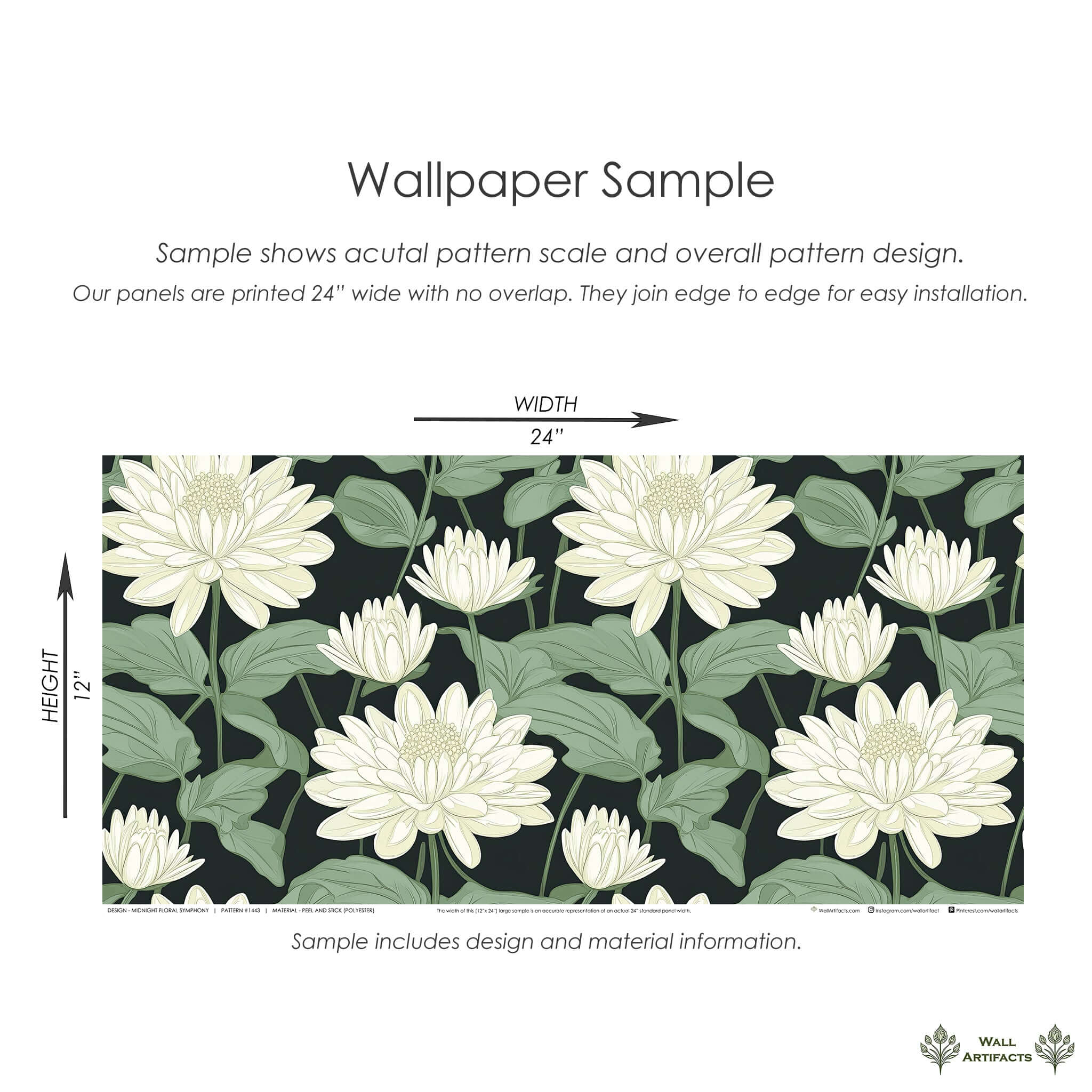Midnight Floral Symphony wallpaper sample with ivory florals, green leaves on black background, 24x12 inch panel for contemporary interiors.