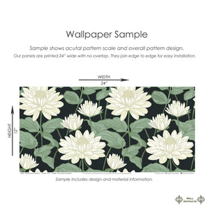 Midnight Floral Symphony wallpaper sample with ivory florals, green leaves on black background, 24x12 inch panel for contemporary interiors.