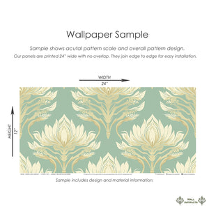 Sample of 'Celestial Lotus Harmony' wallpaper featuring Art Nouveau floral design with lotus flowers on a teal background.