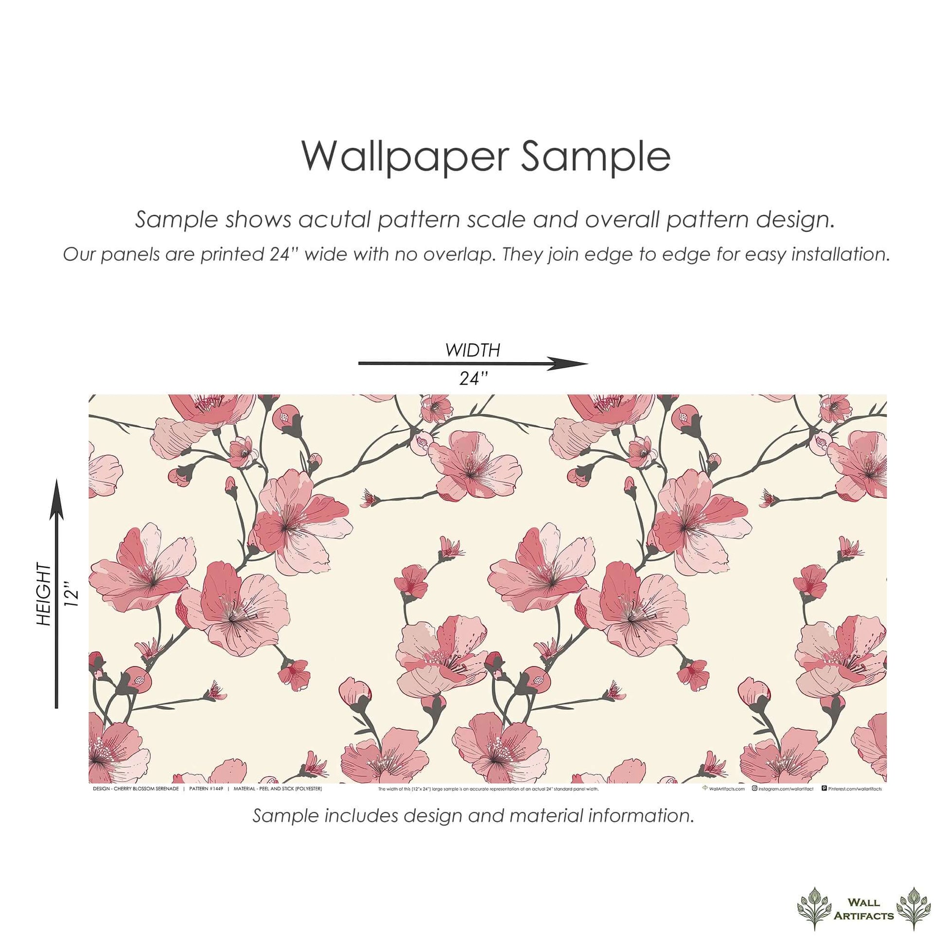 Cherry Blossom Serenade wallpaper sample with pink and red floral patterns on a tan background, showcasing modern and contemporary design.