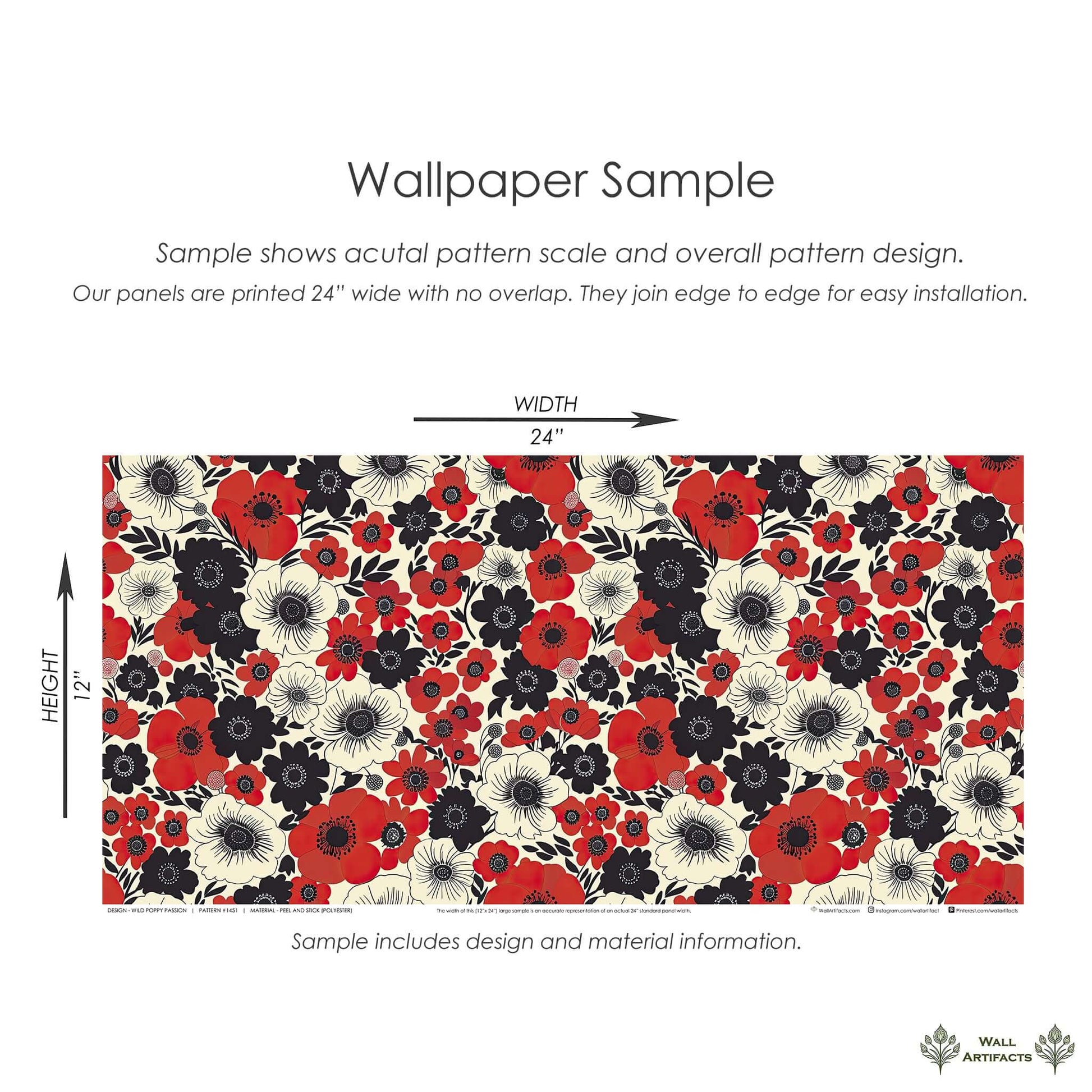Bold Wild Poppy Passion wallpaper with red poppies, black accents, and cream blooms for modern, contemporary spaces. 24x12 sample.