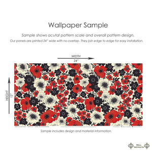 Bold Wild Poppy Passion wallpaper with red poppies, black accents, and cream blooms for modern, contemporary spaces. 24x12 sample.