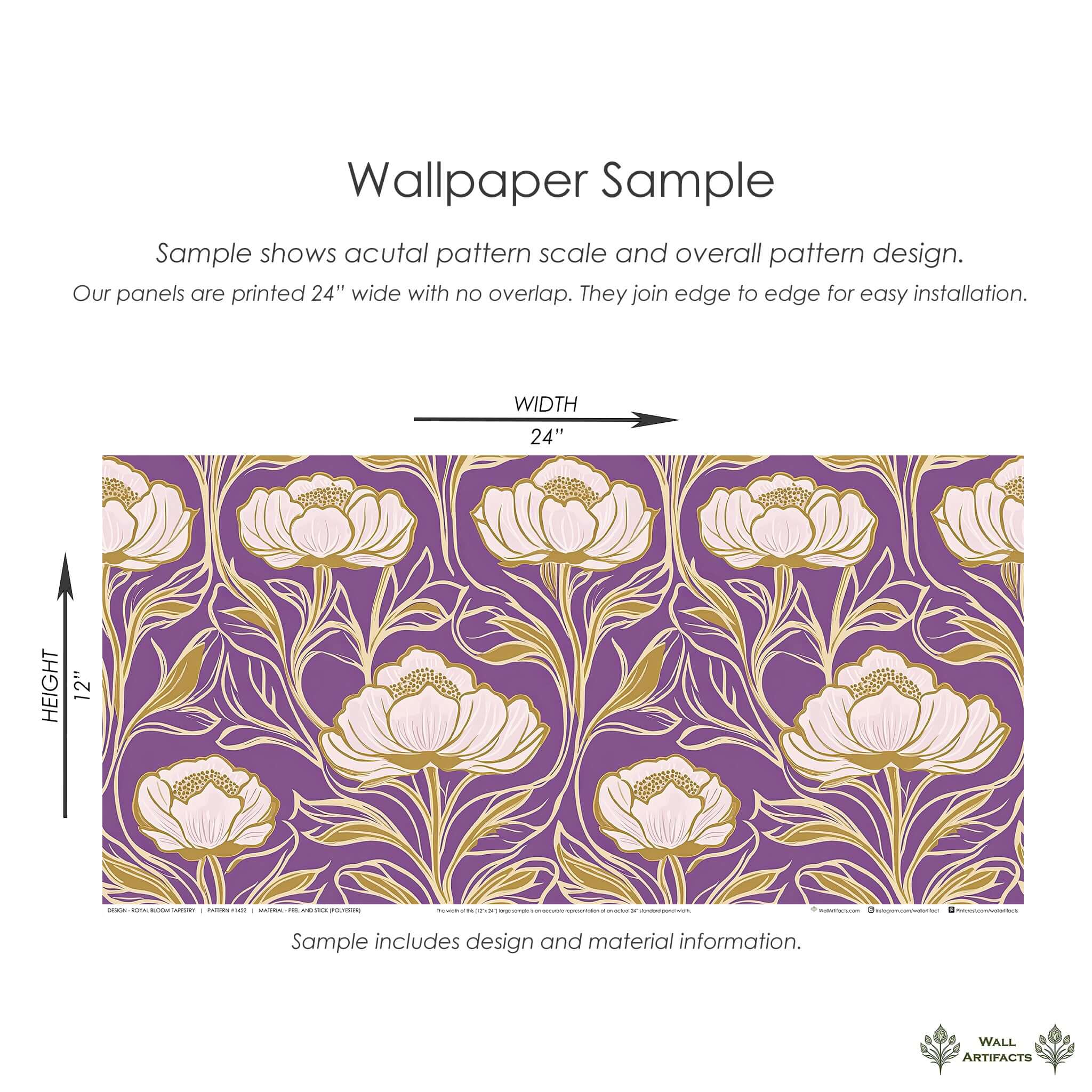 Art Deco Royal Bloom Tapestry Wallpaper with white and gold damask flowers on deep purple, ideal for elegant interiors.