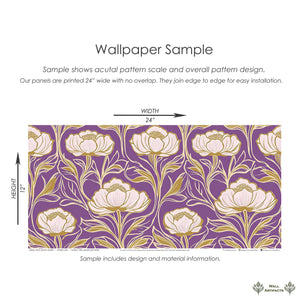 Art Deco Royal Bloom Tapestry Wallpaper with white and gold damask flowers on deep purple, ideal for elegant interiors.