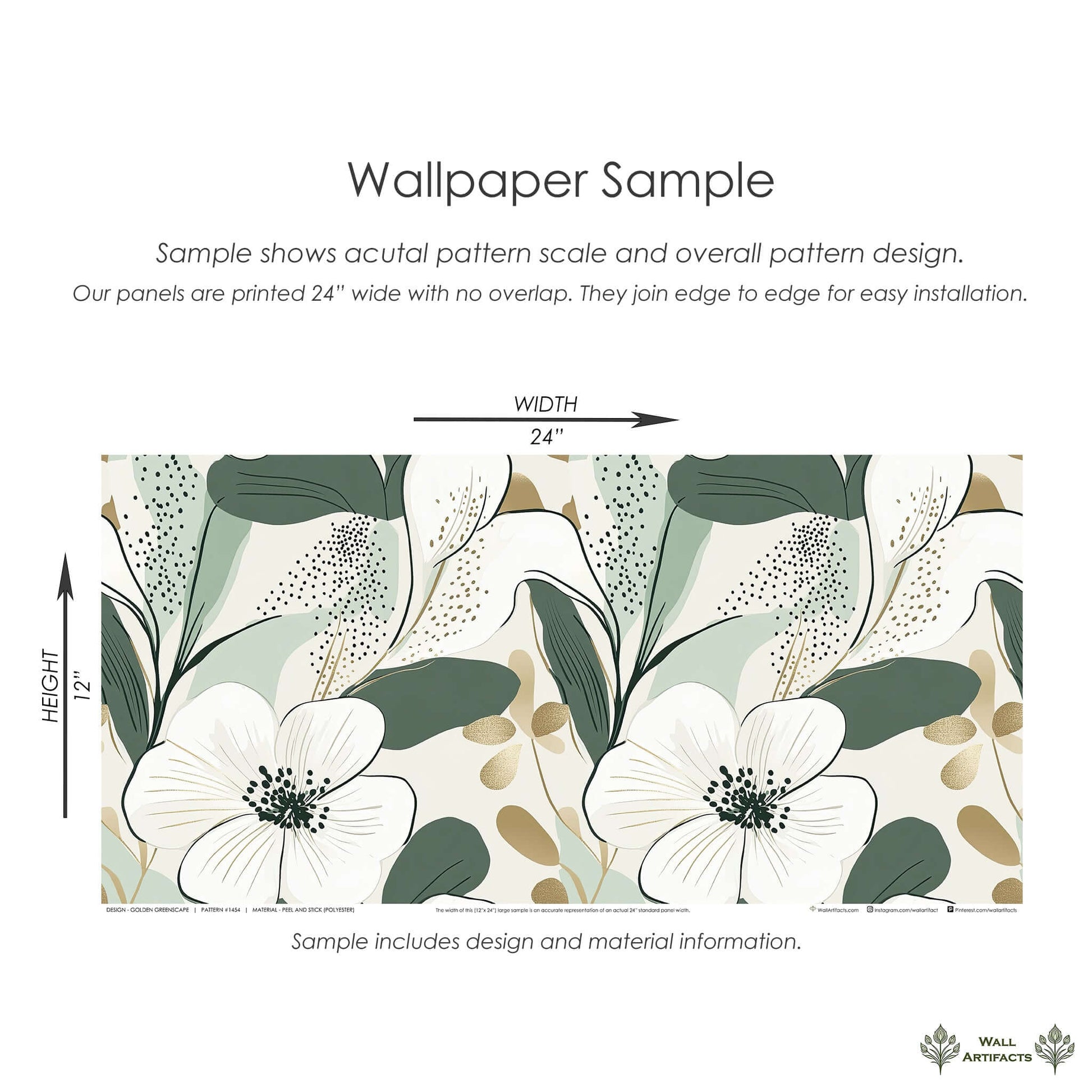 Golden Greenscape wallpaper sample with white flowers, green leaves, and gold accents on a neutral background, showcasing a modern design.