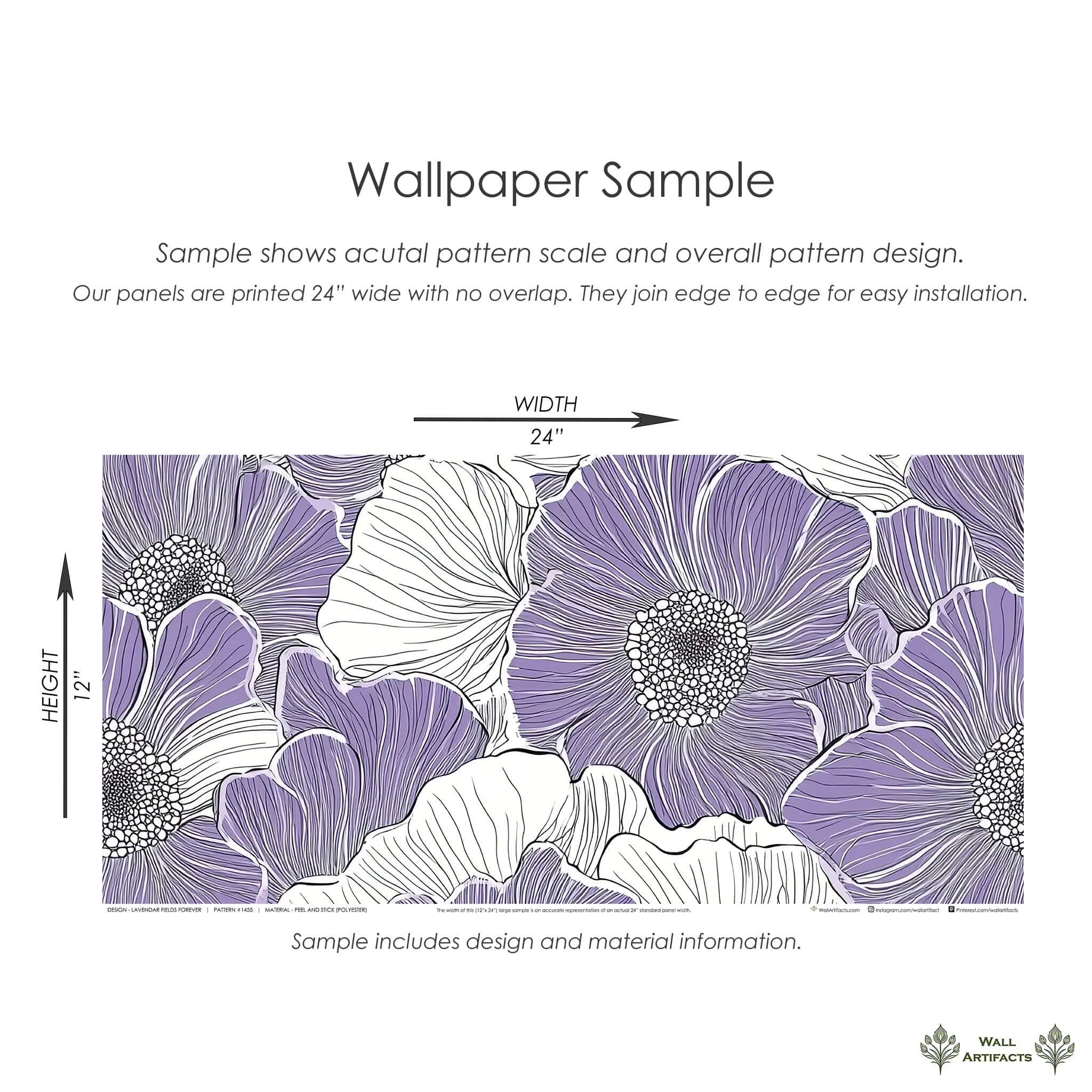 Lavender Fields Forever wallpaper sample with lilac flowers, monochrome linework, perfect for modern design and serene spaces.