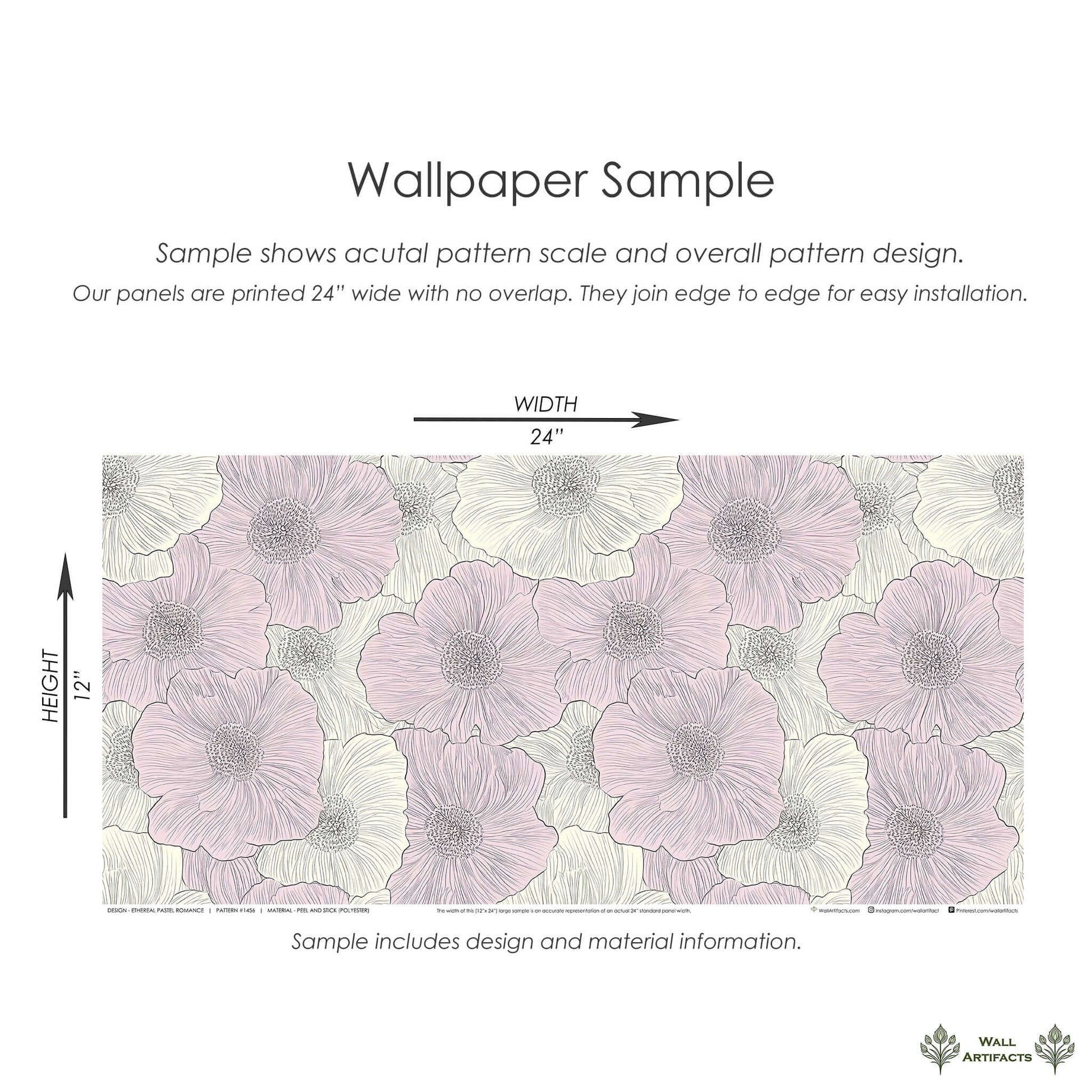 Ethereal Pastel Romance wallpaper sample with hand-drawn floral patterns in pink and ivory, showcasing modern, contemporary design.