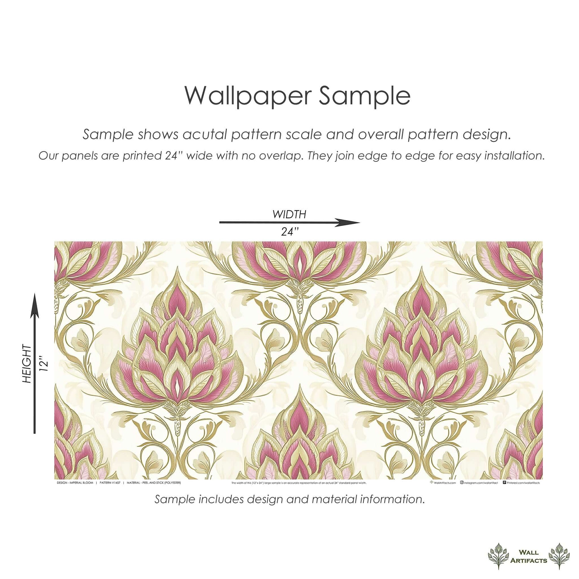 Imperial Bloom Wallpaper sample with pink and gold floral damask pattern, measuring 24" wide and 12" high for elegant walls.
