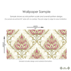 Imperial Bloom Wallpaper sample with pink and gold floral damask pattern, measuring 24" wide and 12" high for elegant walls.
