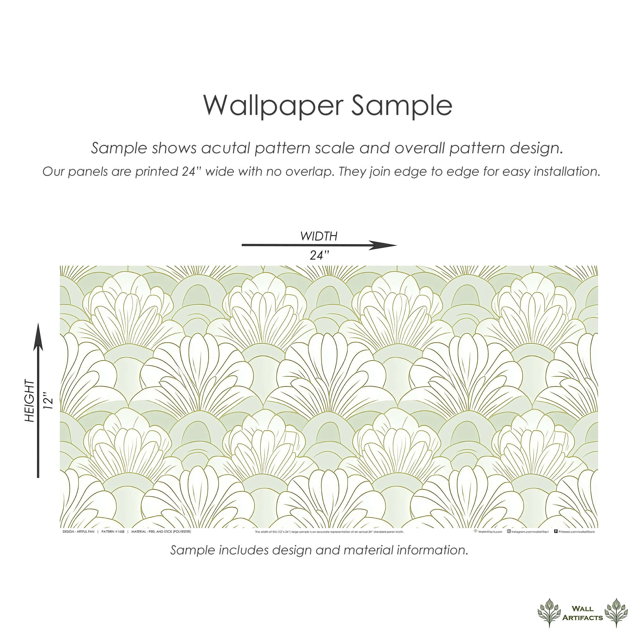 Art Deco floral wallpaper sample with mint green and white fan patterns, ideal for elegant, serene interiors.