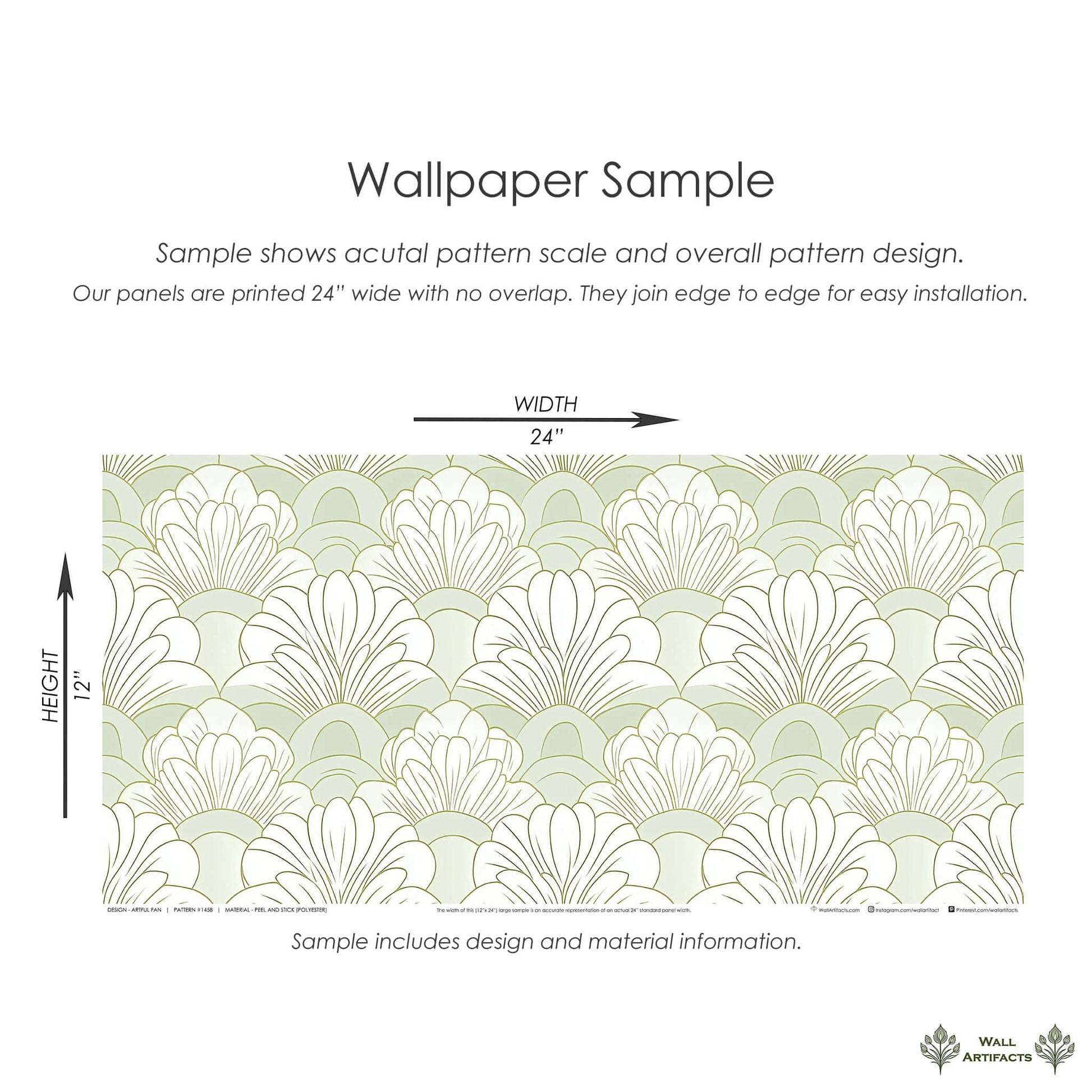 Art Deco floral wallpaper sample with mint green and white fan patterns, ideal for elegant, serene interiors.