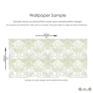 Art Deco floral wallpaper sample with mint green and white fan patterns, ideal for elegant, serene interiors.