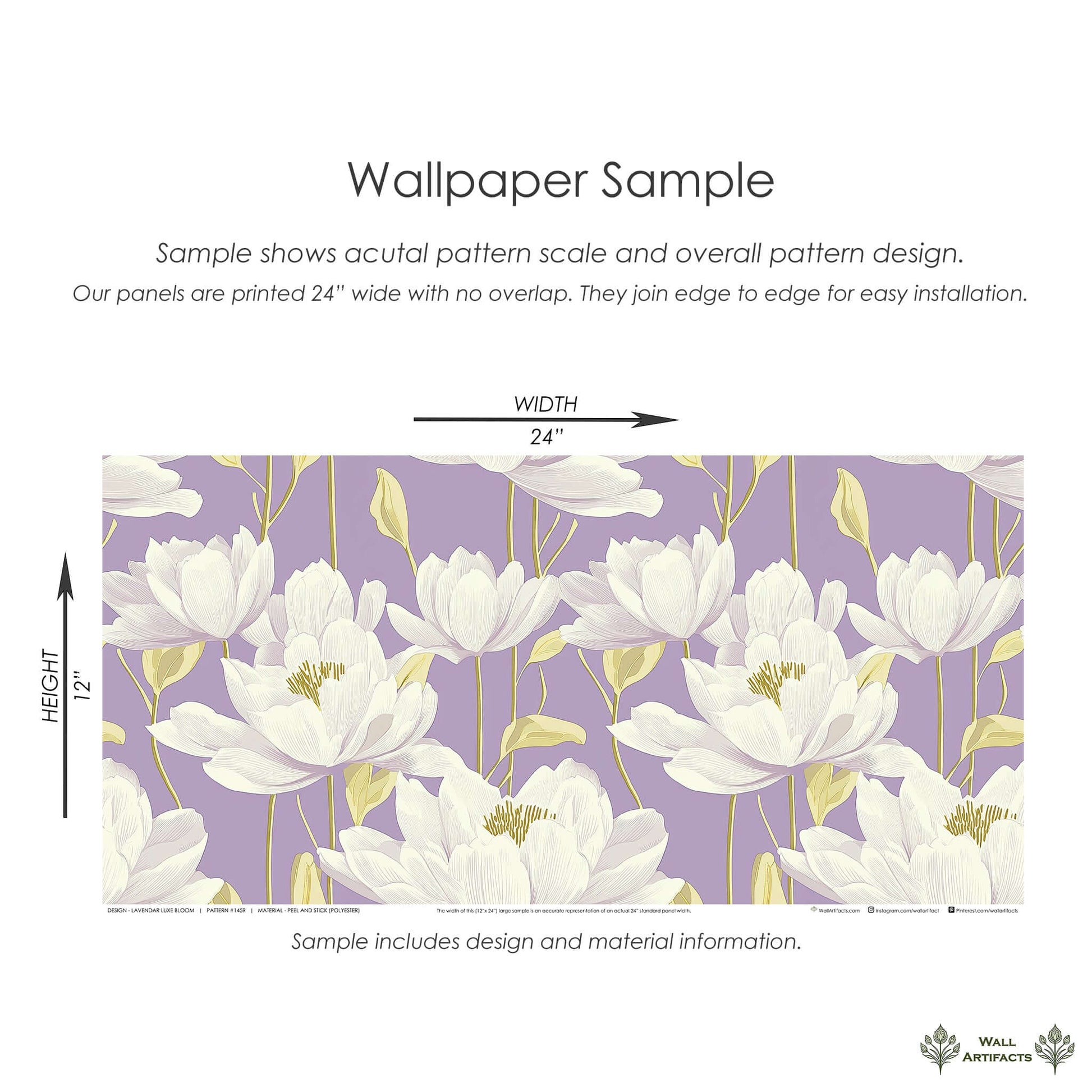Lavender Luxe Bloom floral wallpaper sample featuring white flowers, gold stems, and lavender background, 24x12 inches.
