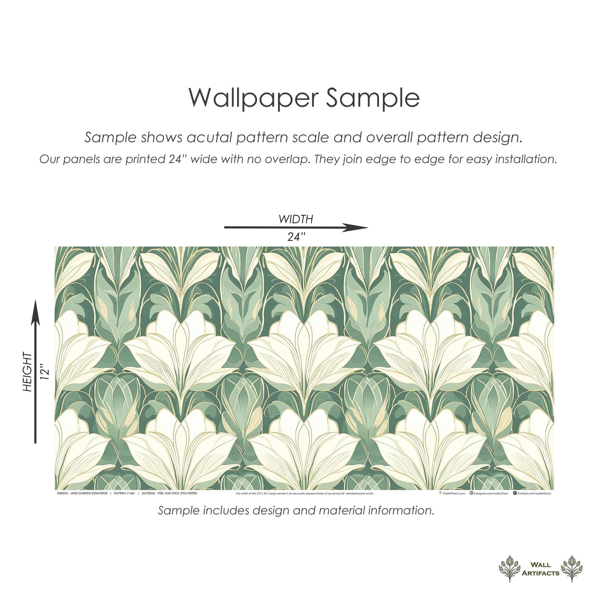 Jade Garden Grandeur floral wallpaper sample in art deco style, showcasing ivory flowers on jade green, suitable for art nouveau decor.