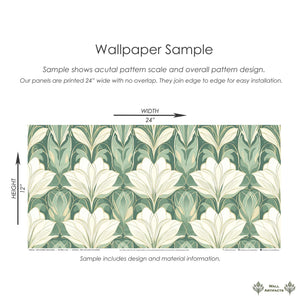 Jade Garden Grandeur floral wallpaper sample in art deco style, showcasing ivory flowers on jade green, suitable for art nouveau decor.