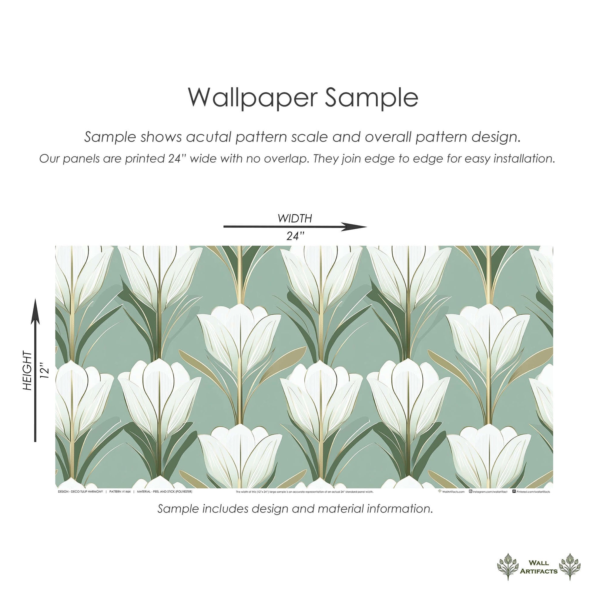 Deco Tulip Harmony wallpaper sample with Art Deco elements, featuring stylized tulips in green, gold, and white.