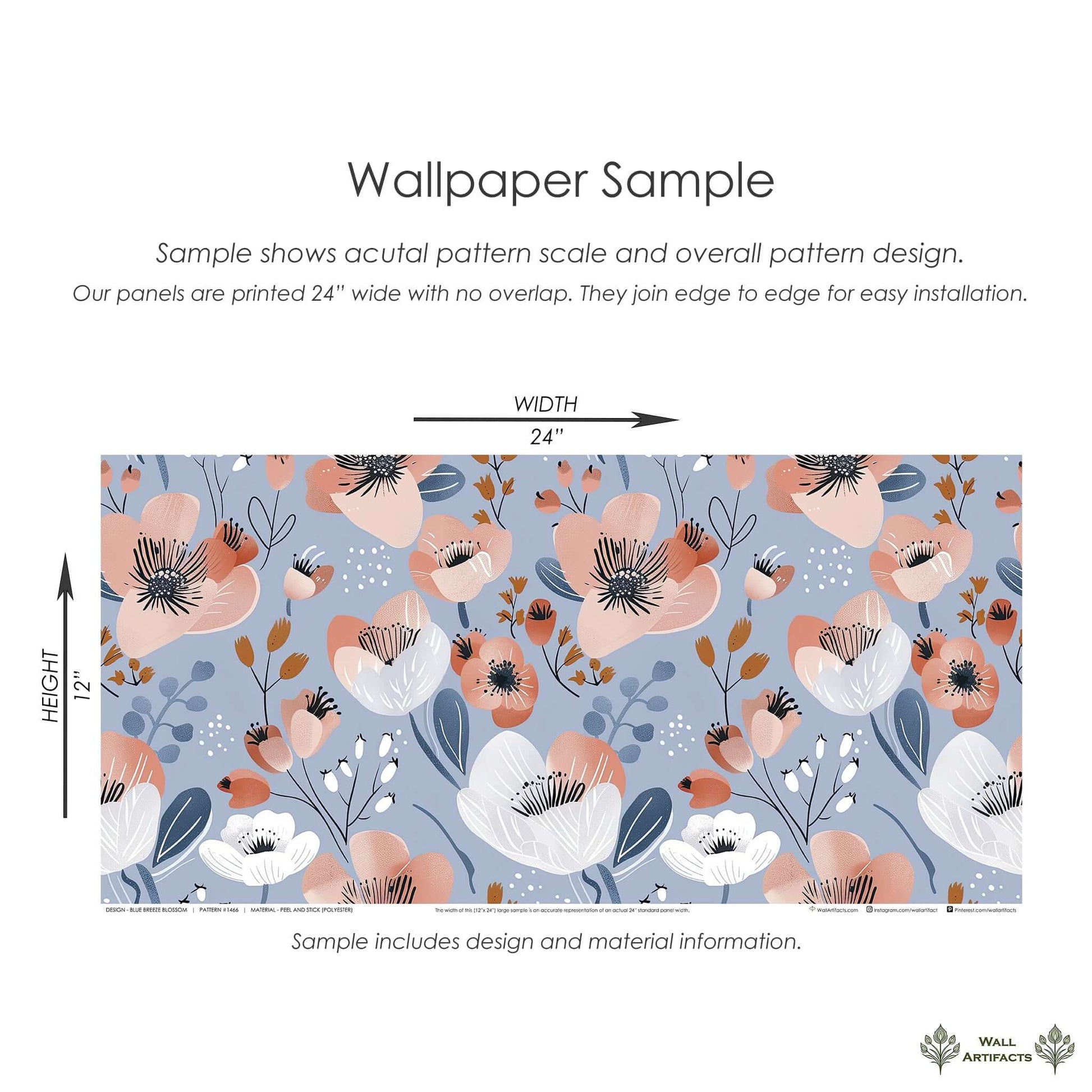 Sample of Blue Breeze Blossom Wallpaper with modern floral design in blue, coral, and white, perfect for elegant interiors.