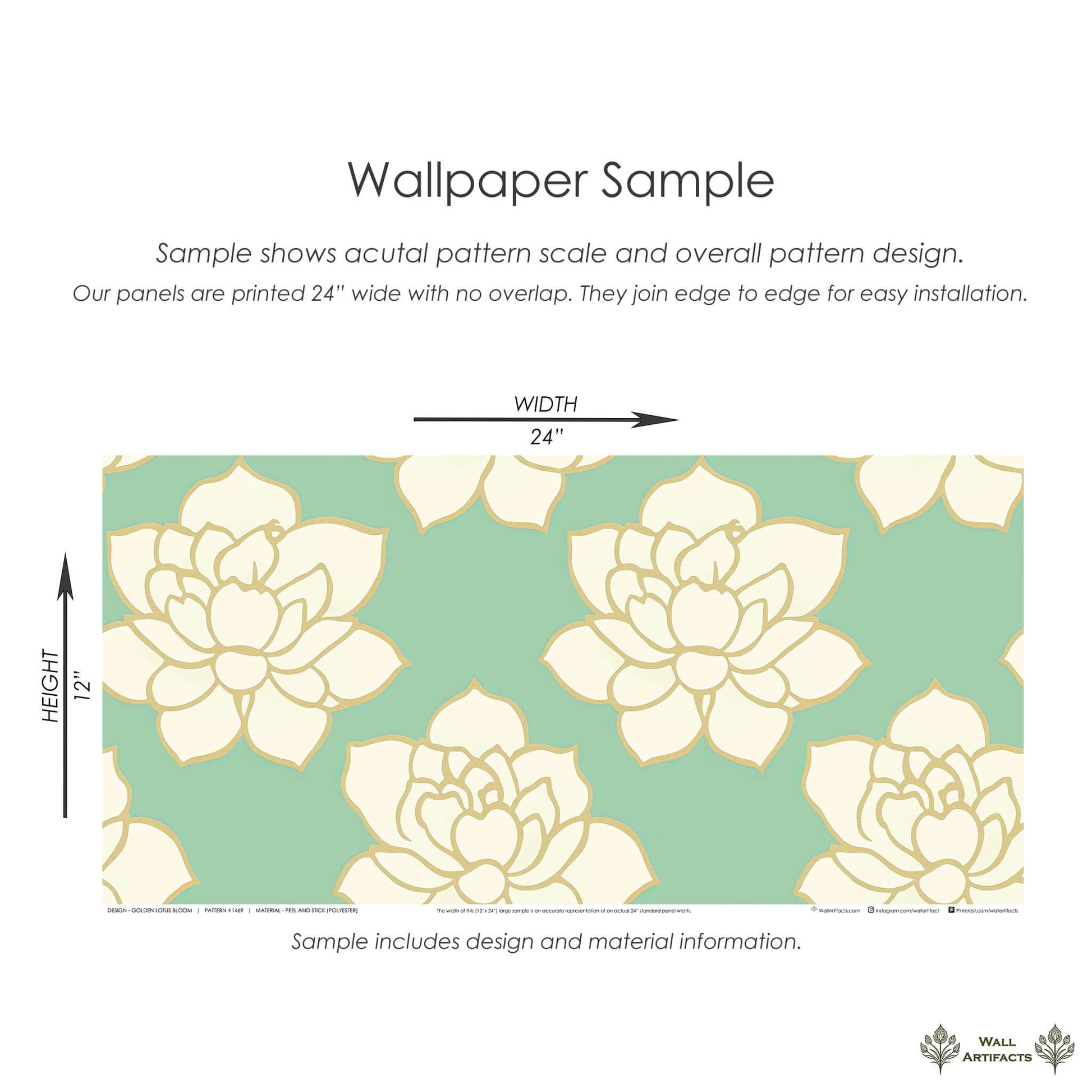 Golden Lotus Bloom wallpaper sample with white lotus flowers on a teal background, showcasing modern and contemporary design.