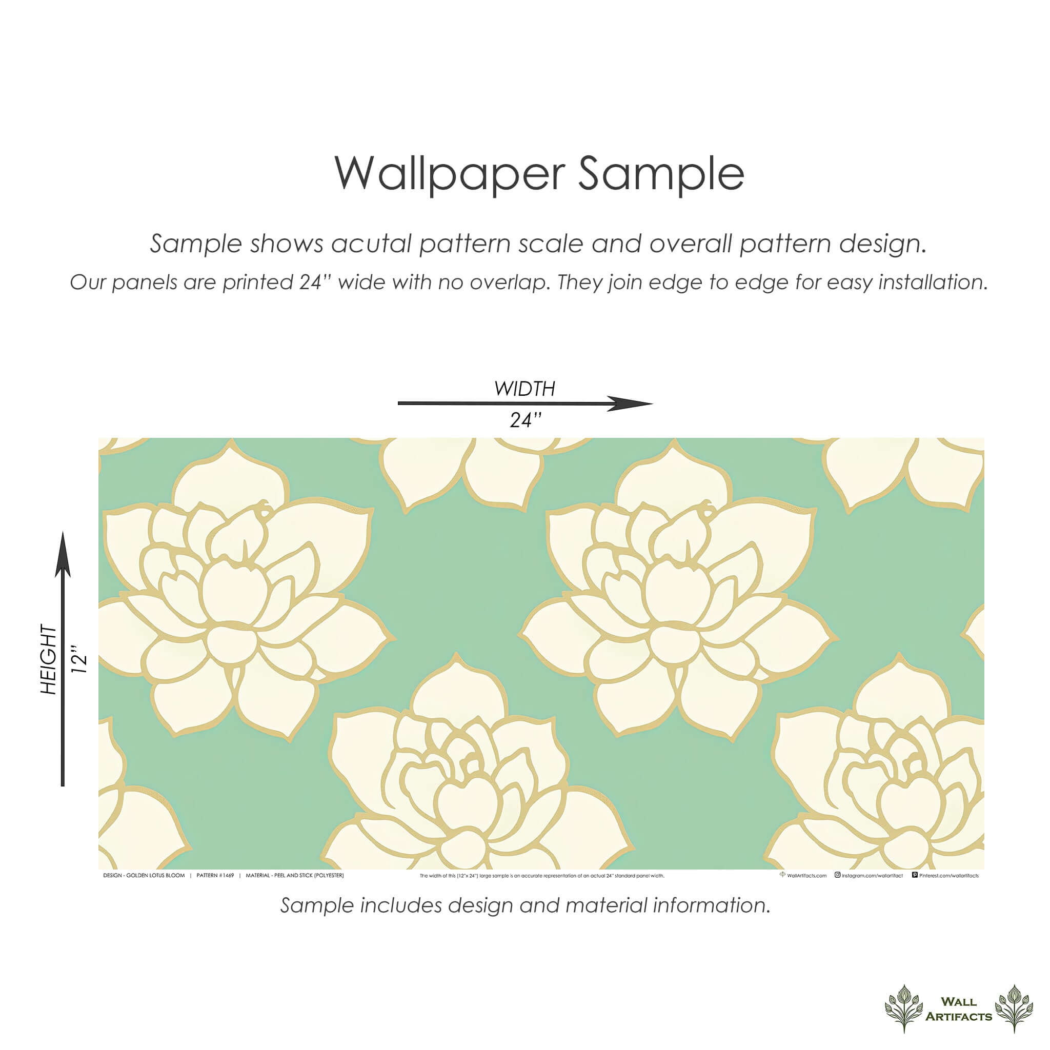 Golden Lotus Bloom wallpaper sample with white lotus flowers on a teal background, showcasing modern and contemporary design.