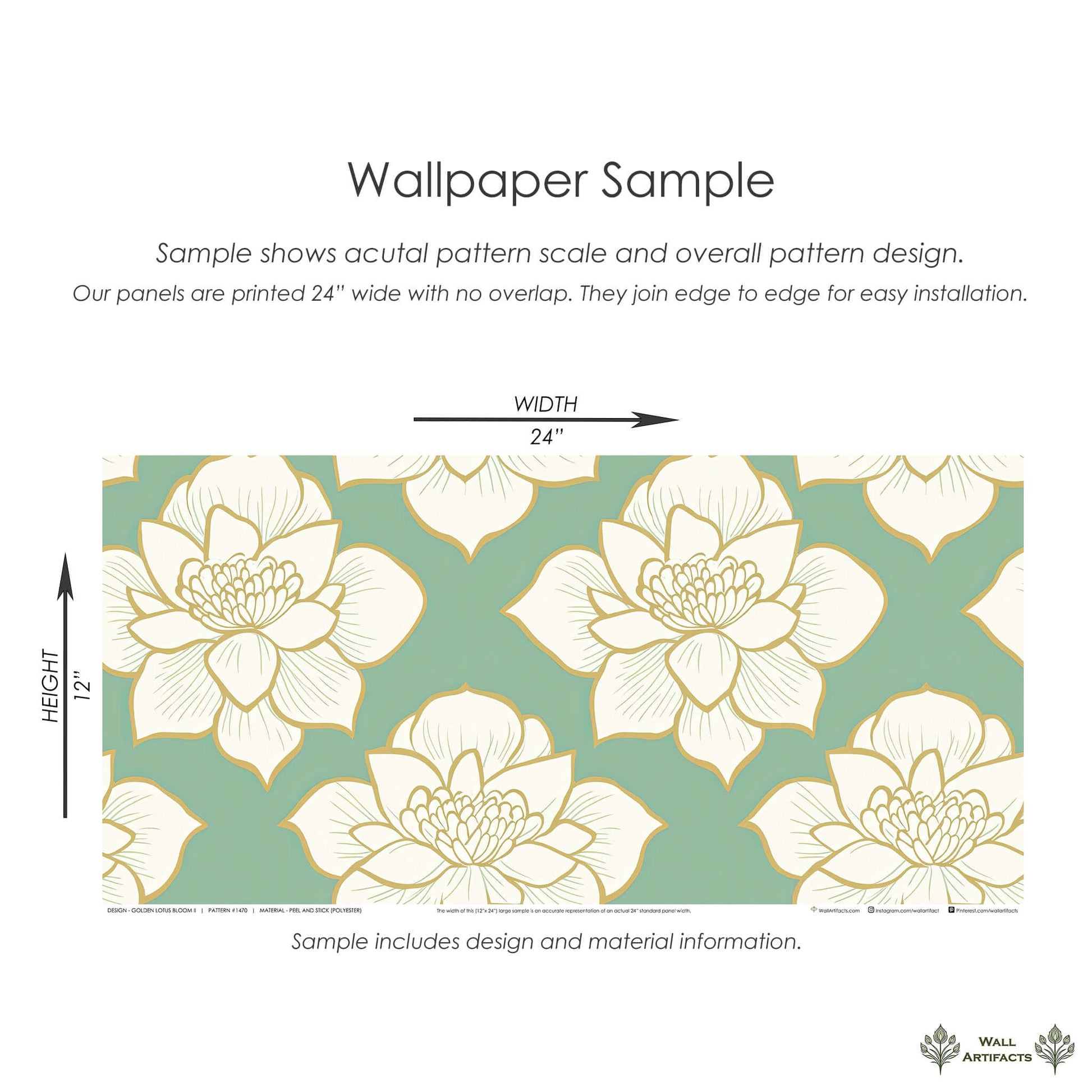 Golden Lotus Bloom II Wallpaper with ivory lotus flowers, gold outlines on a teal background, modern and elegant design sample.