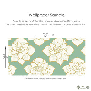 Golden Lotus Bloom II Wallpaper with ivory lotus flowers, gold outlines on a teal background, modern and elegant design sample.