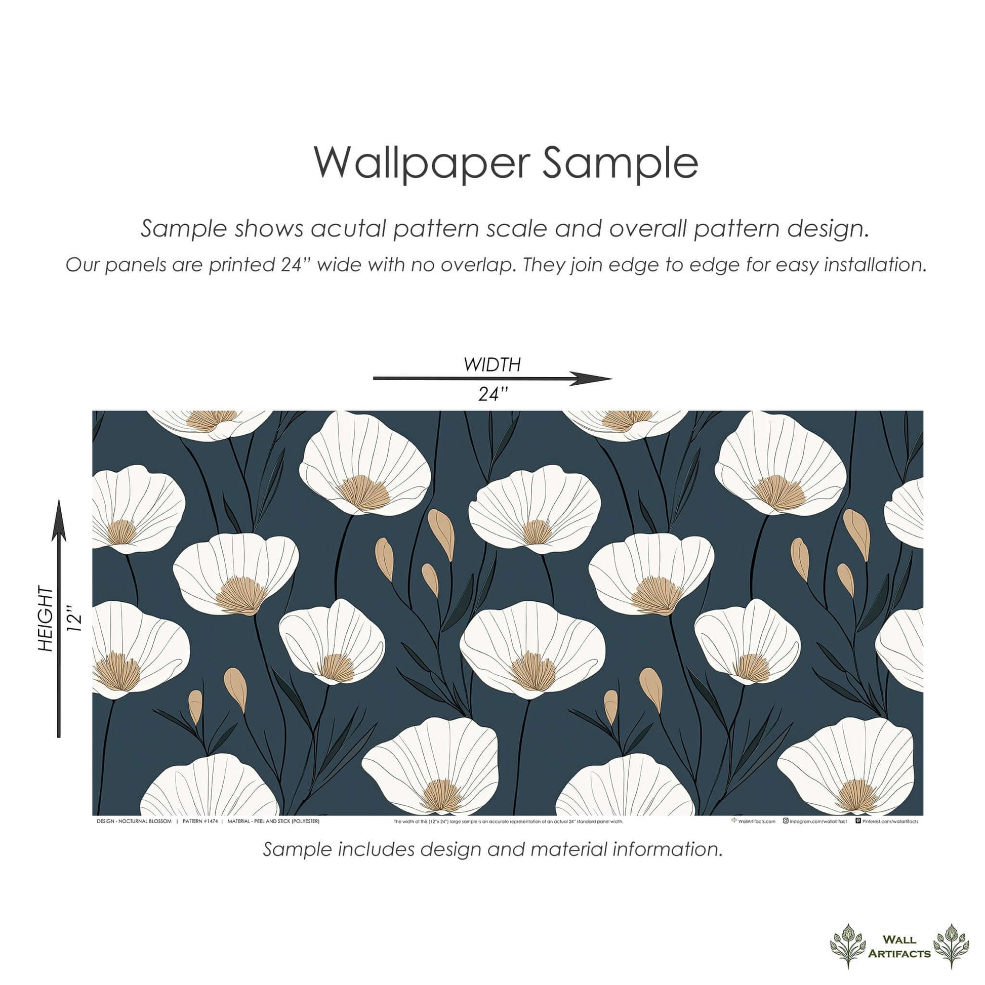 Sample of Nocturnal Blossom wallpaper featuring modern floral design with white flowers and golden centers on a navy background.