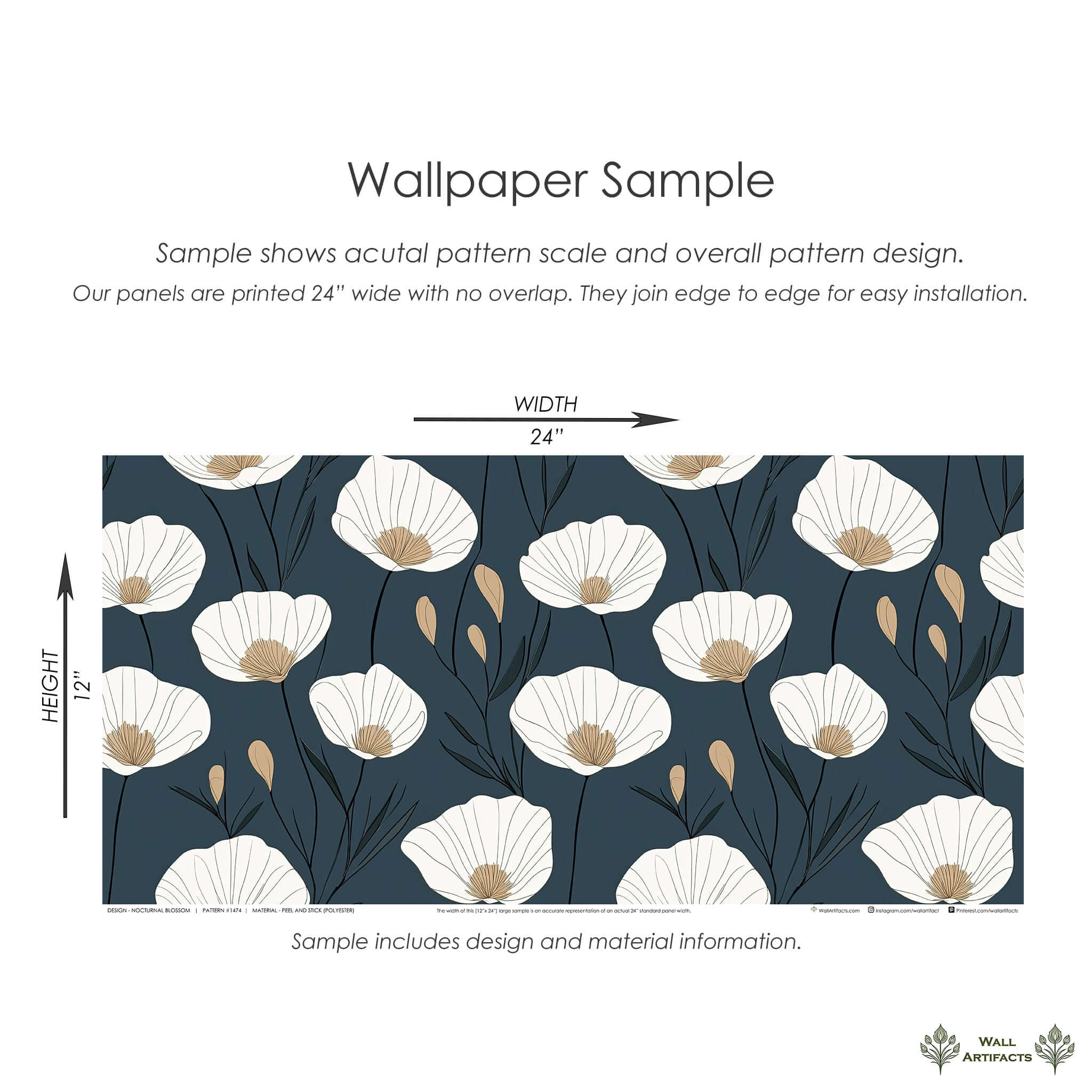 Sample of Nocturnal Blossom wallpaper featuring modern floral design with white flowers and golden centers on a navy background.