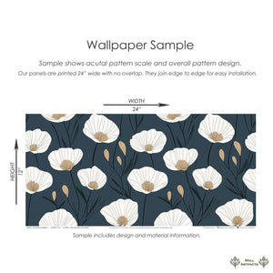 Sample of Nocturnal Blossom wallpaper featuring modern floral design with white flowers and golden centers on a navy background.
