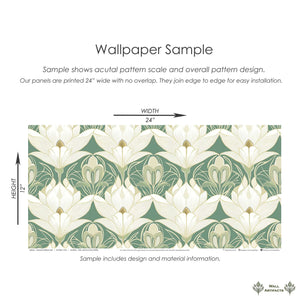 Art deco floral wallpaper sample with cream lotus on sage green, showcasing vintage and nature-inspired design by Wall Artifacts.