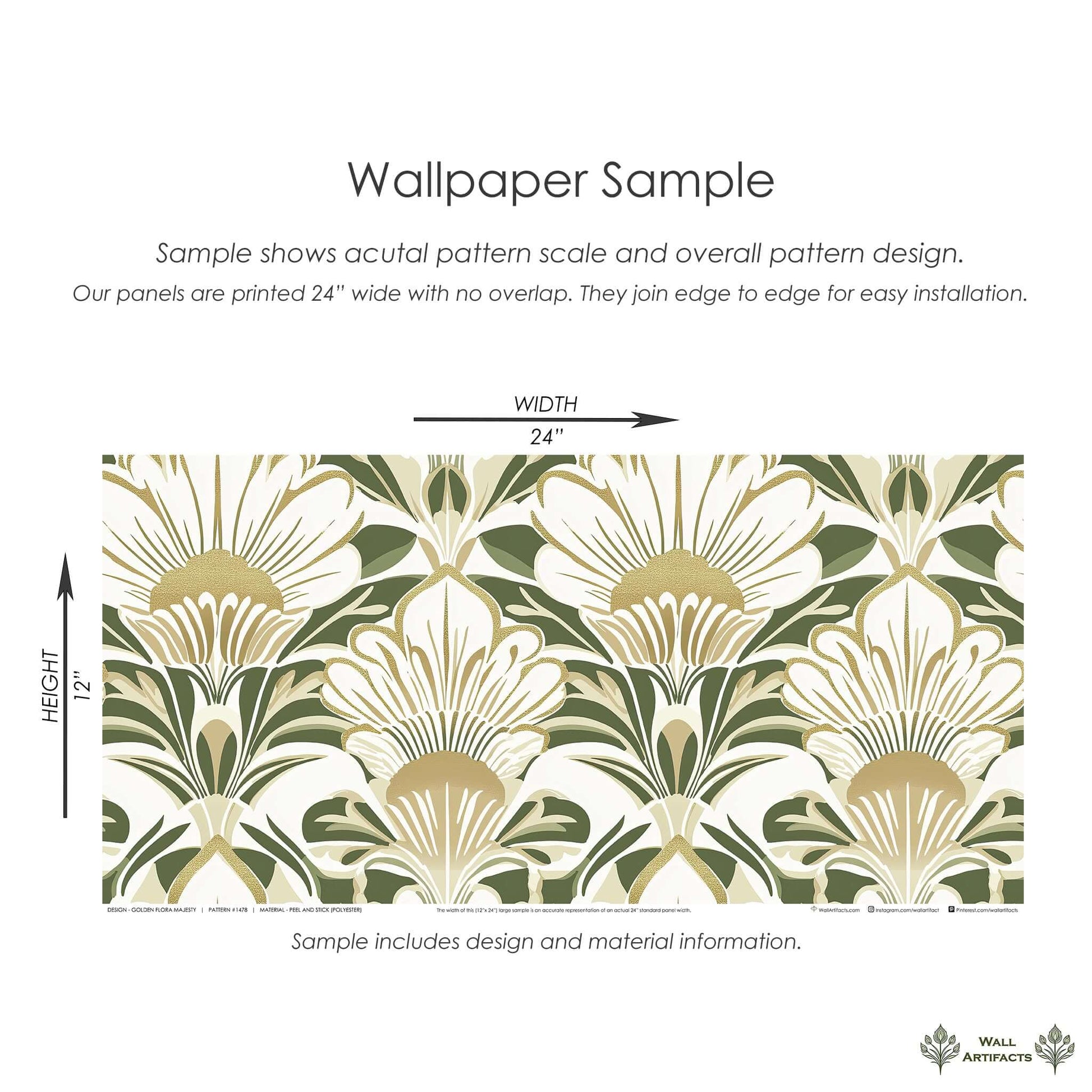Golden Flora Majesty Wallpaper sample showcasing Art Deco white flowers with gold accents on a green background, 24x12 inches.