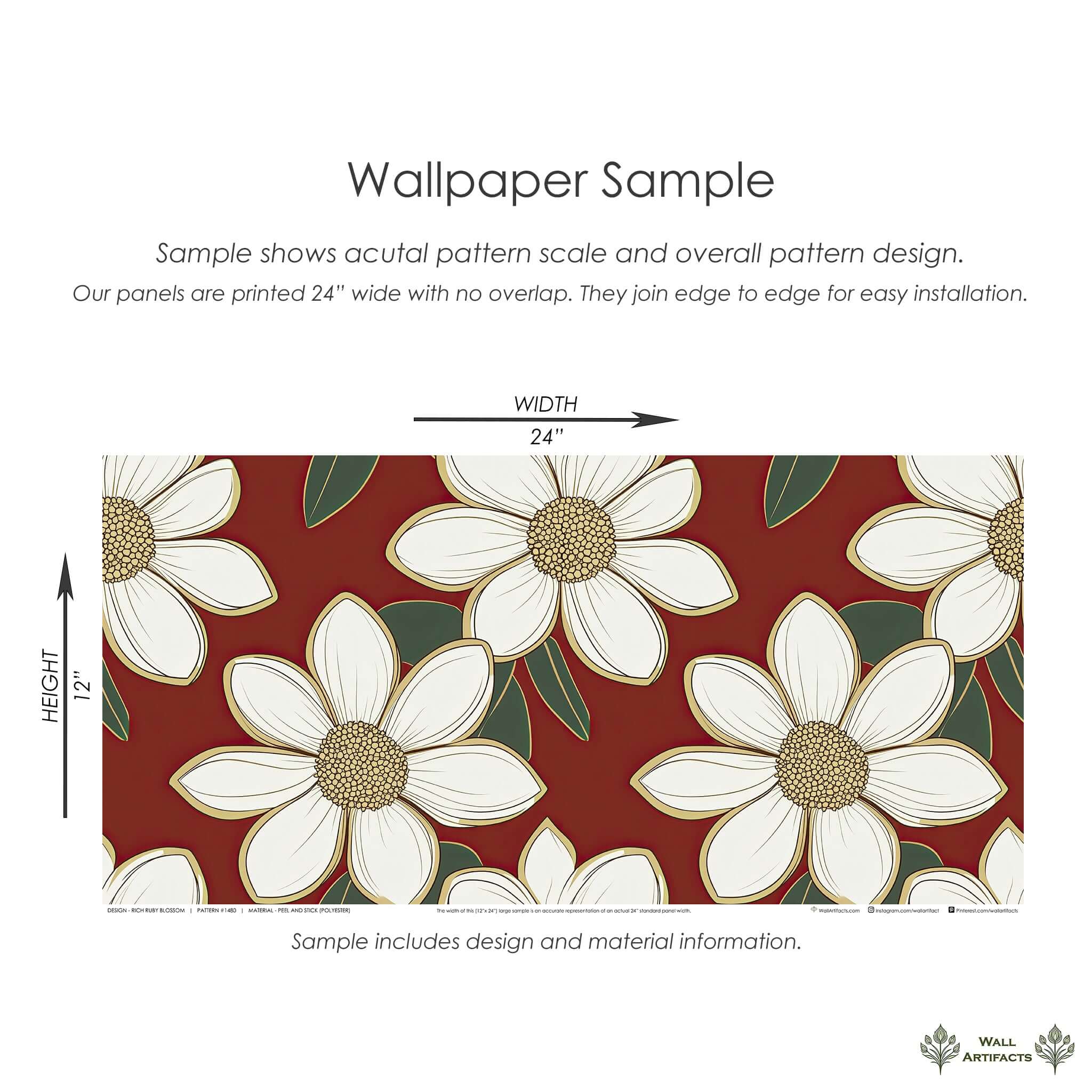 Rich Ruby Blossom wallpaper sample featuring large ivory flowers with gold outlines on a red background, showcasing pattern size and design.