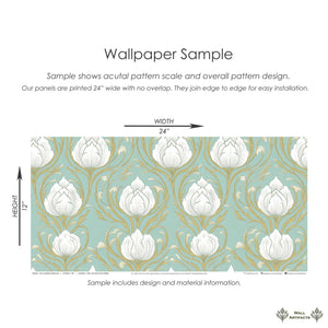 Teal Garden Elegance wallpaper with lotus-like white flowers, gold outlines, and Art Nouveau damask on teal background sample.