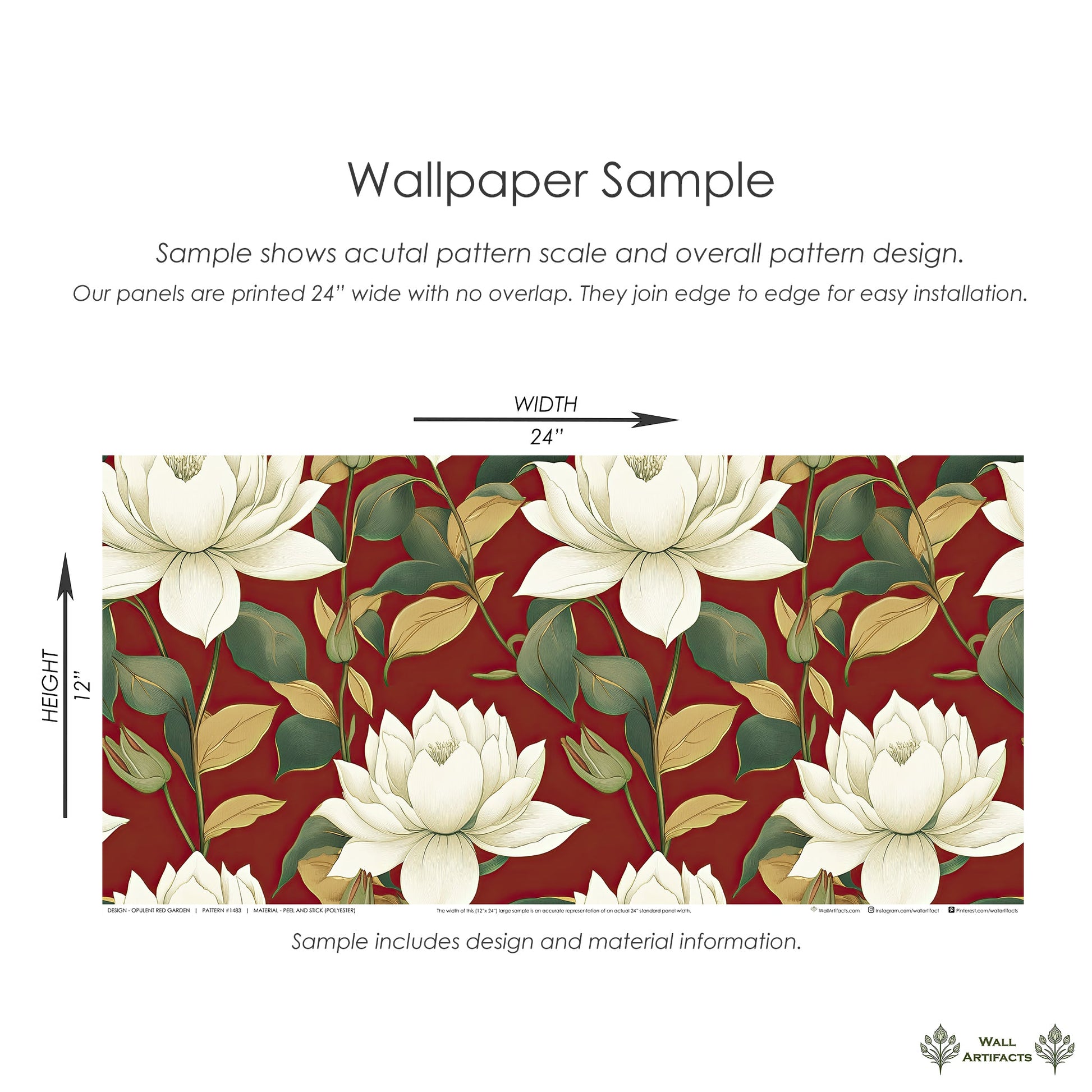 Opulent Red Garden wallpaper sample featuring white magnolia-style flowers and green leaves on a rich red background, 24x12 inches.