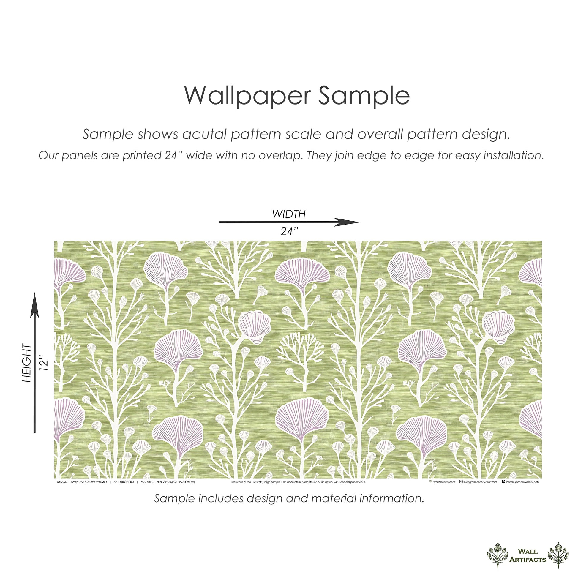 Wallpaper sample of Lavender Grove Whimsy with lavender flowers on green background, showcasing florals and modern design.