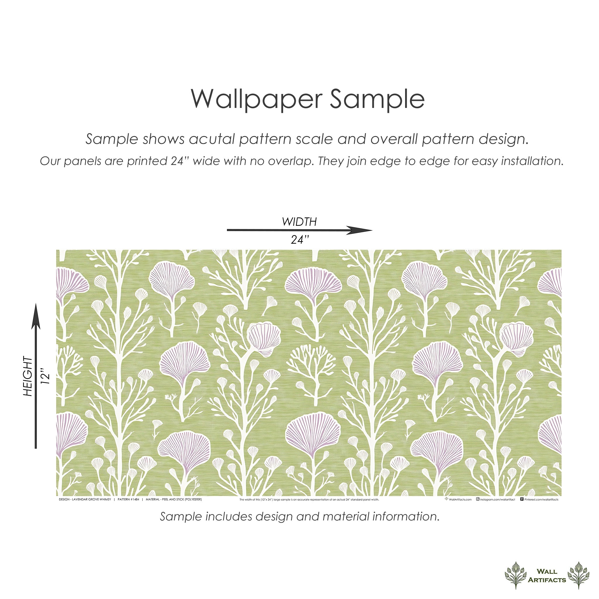 Wallpaper sample of Lavender Grove Whimsy with lavender flowers on green background, showcasing florals and modern design.