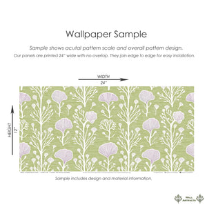 Wallpaper sample of Lavender Grove Whimsy with lavender flowers on green background, showcasing florals and modern design.