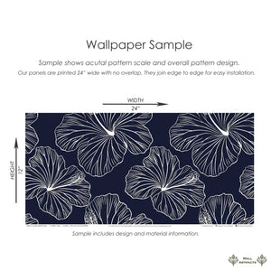 Island Nights Floral Wallpaper Sample with White Hibiscus on Navy Background Featuring Coastal and Tropical Design Elements