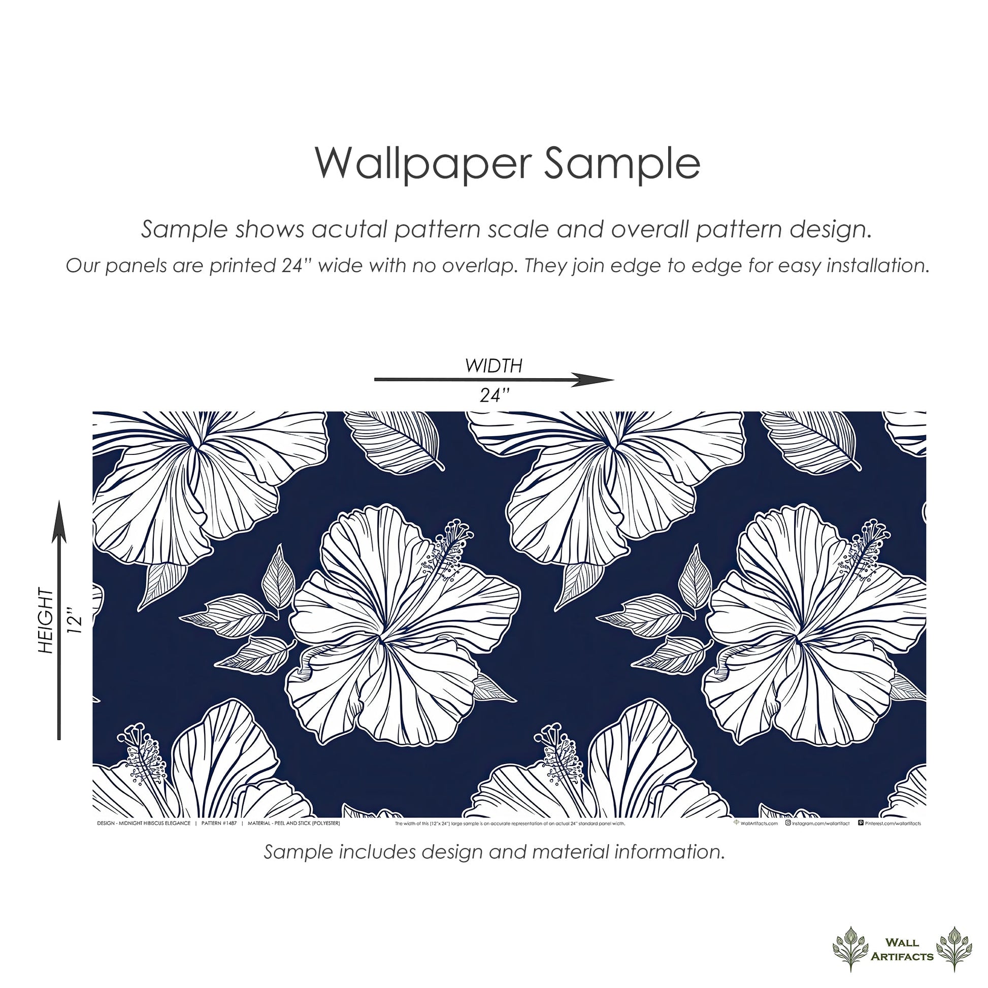 Midnight Hibiscus Elegance wallpaper sample with white hibiscus flowers on a navy background, ideal for coastal or floral décor.