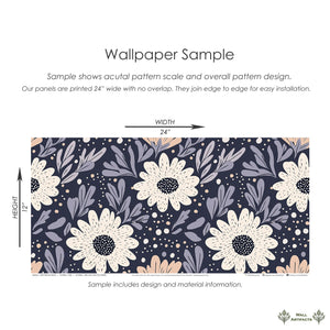 Boho floral wallpaper sample with cream flowers, lavender foliage on navy. Cottagecore vibes with modern charm for wall decor.