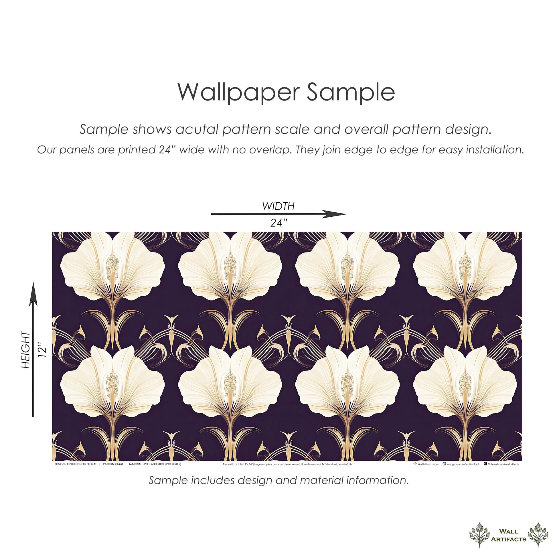 Opulent Noir Floral Art Deco wallpaper with cream and gold blooms on purple background, 24x12 inch panel. Elegant vintage glam design.