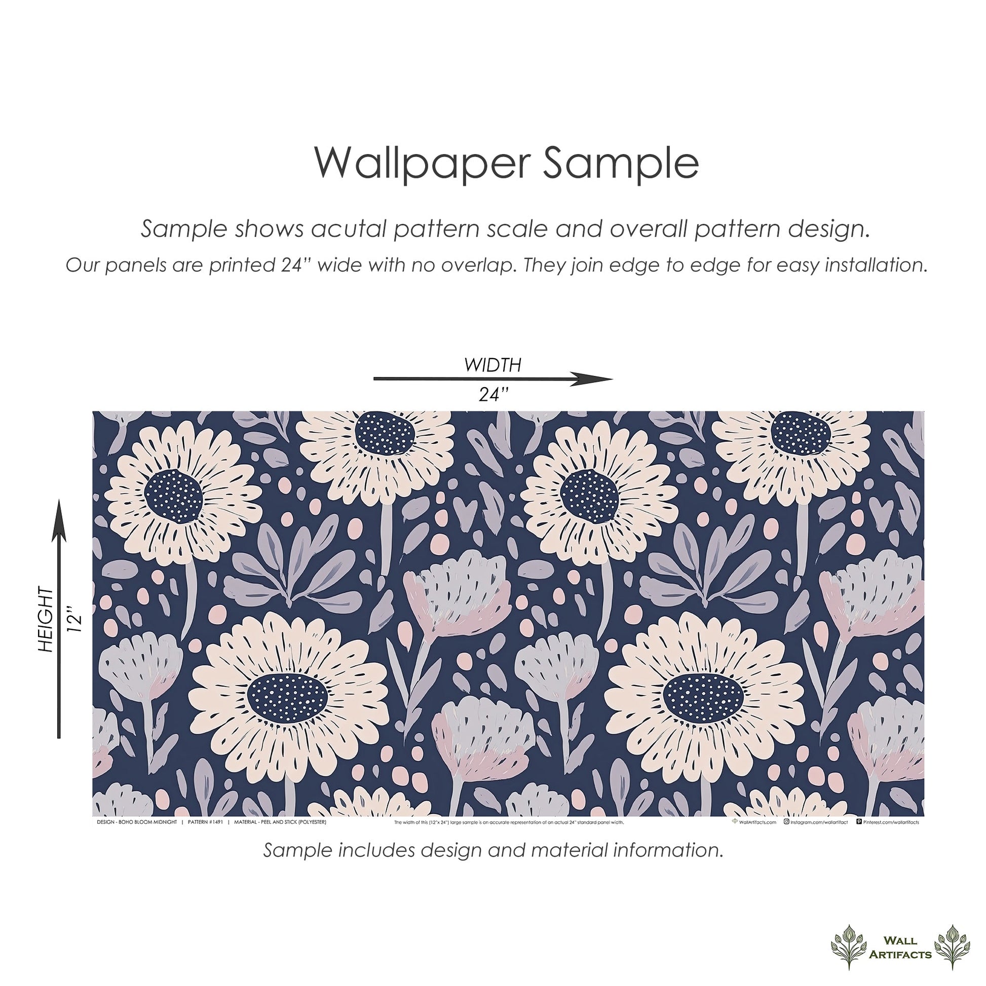 Boho Bloom Midnight wallpaper sample with floral design in blush, lavender on navy background; perfect for cottagecore rooms.