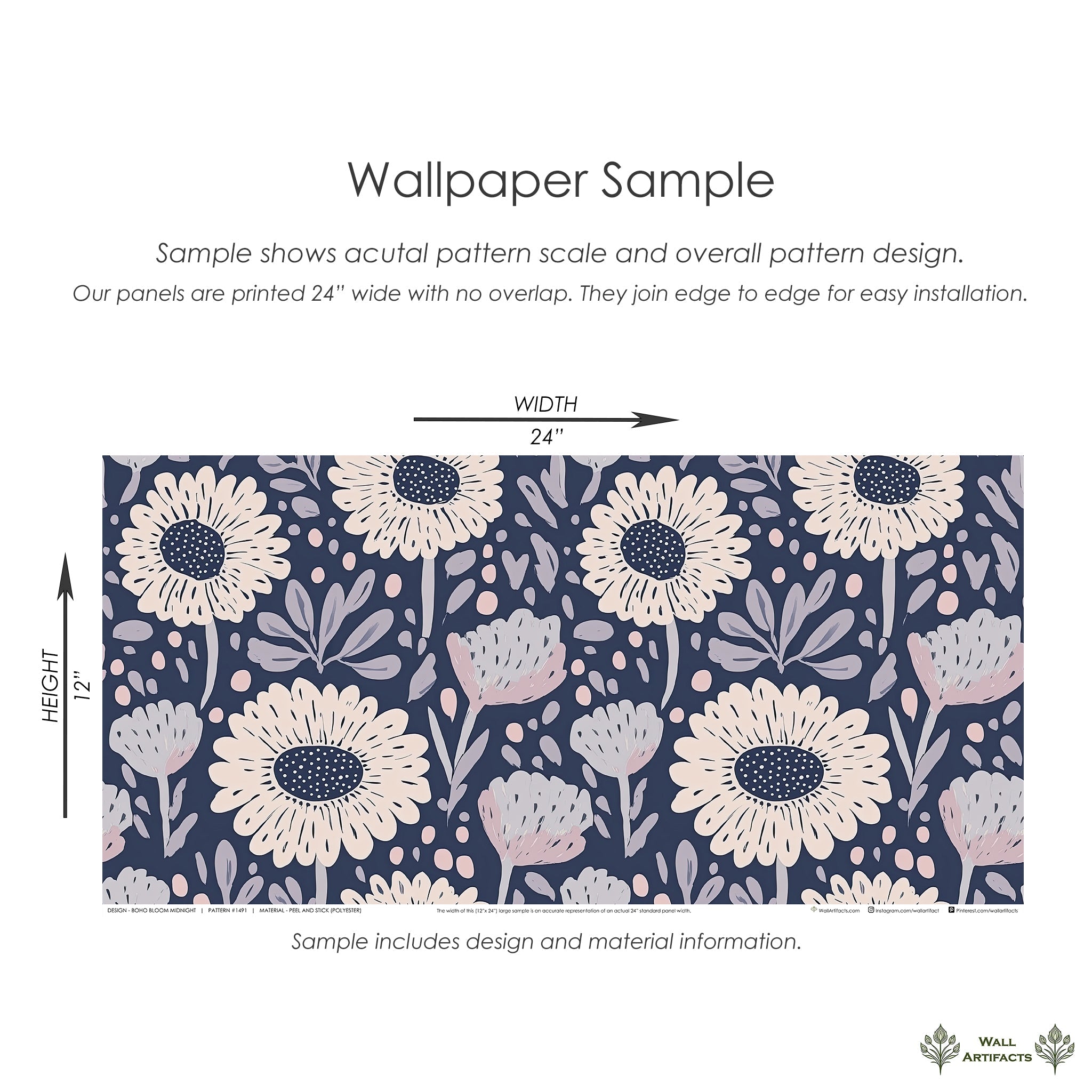 Boho Bloom Midnight wallpaper sample with floral design in blush, lavender on navy background; perfect for cottagecore rooms.