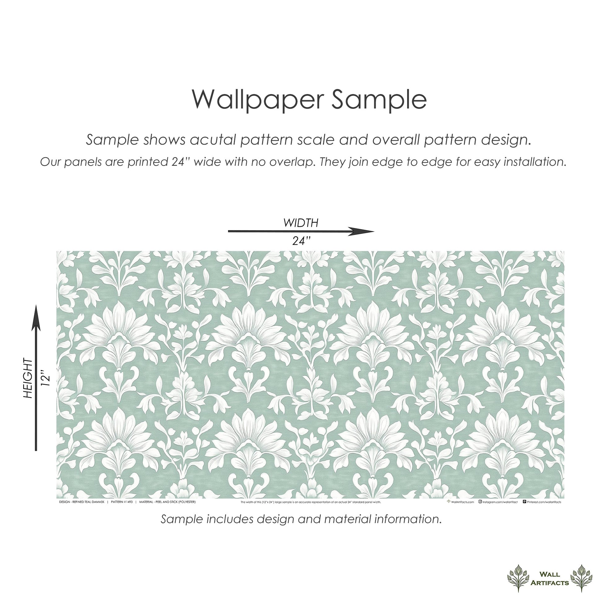 Sample of Refined Teal Damask Wallpaper with floral pattern in teal and white, showcasing size and installation details.