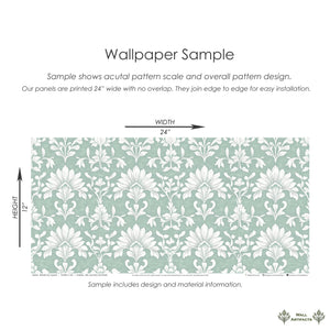 Sample of Refined Teal Damask Wallpaper with floral pattern in teal and white, showcasing size and installation details.
